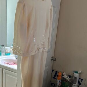 Donna Morgan Cream Embellished Gown with Bishop Sleeves